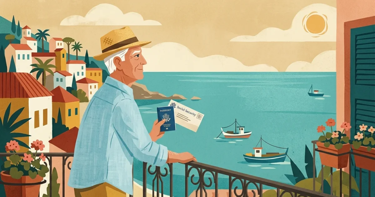 Gouache illustration of a retired American senior looking out over a tropical ocean from a balcony, holding a passport.