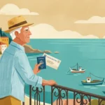 Gouache illustration of a retired American senior looking out over a tropical ocean from a balcony, holding a passport.