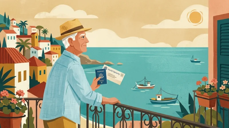 Gouache illustration of a retired American senior looking out over a tropical ocean from a balcony, holding a passport.