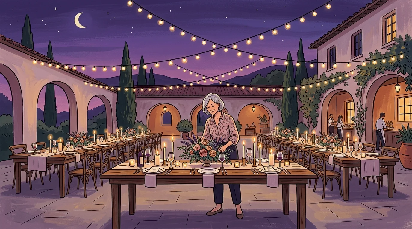 Older woman arranging floral centerpieces on candlelit tables in a courtyard under evening string lights.