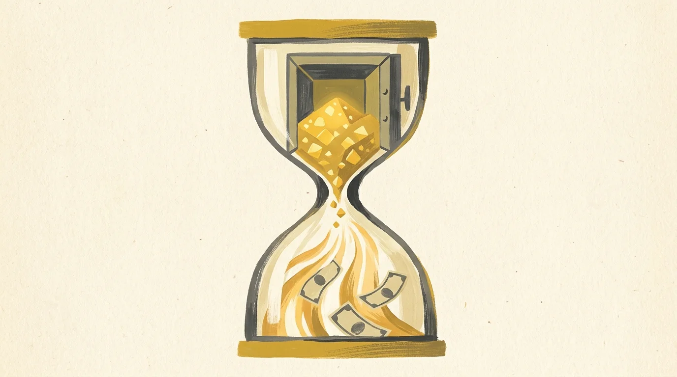 Gouache illustration of an hourglass transforming structured pre-tax savings in the top half into liquid income at the bottom.