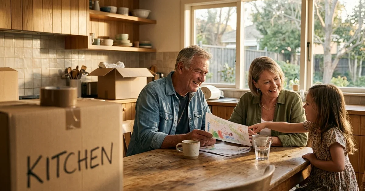 Grandparents sitting at a wooden kitchen table surrounded by moving boxes, looking at a drawing with their granddaughter.