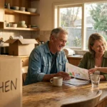 Grandparents sitting at a wooden kitchen table surrounded by moving boxes, looking at a drawing with their granddaughter.