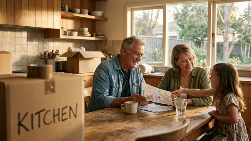 Grandparents sitting at a wooden kitchen table surrounded by moving boxes, looking at a drawing with their granddaughter.