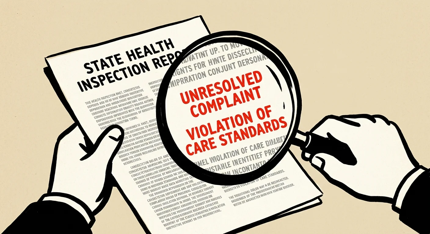 Graphic illustration of a magnifying glass highlighting regulatory violations on a state health inspection document.