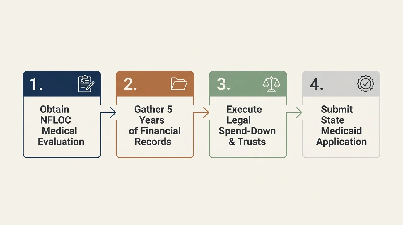 Four numbered sequential boxes showing steps from medical evaluation and financial records to legal spend-down and submission.