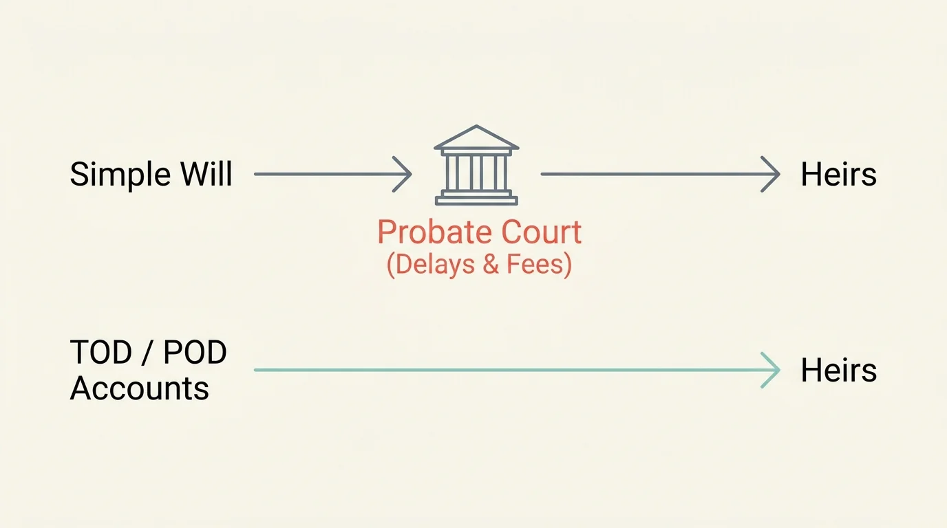 Horizontal flow diagram showing how a simple will must go through probate court while TOD/POD accounts transfer directly to heirs.
