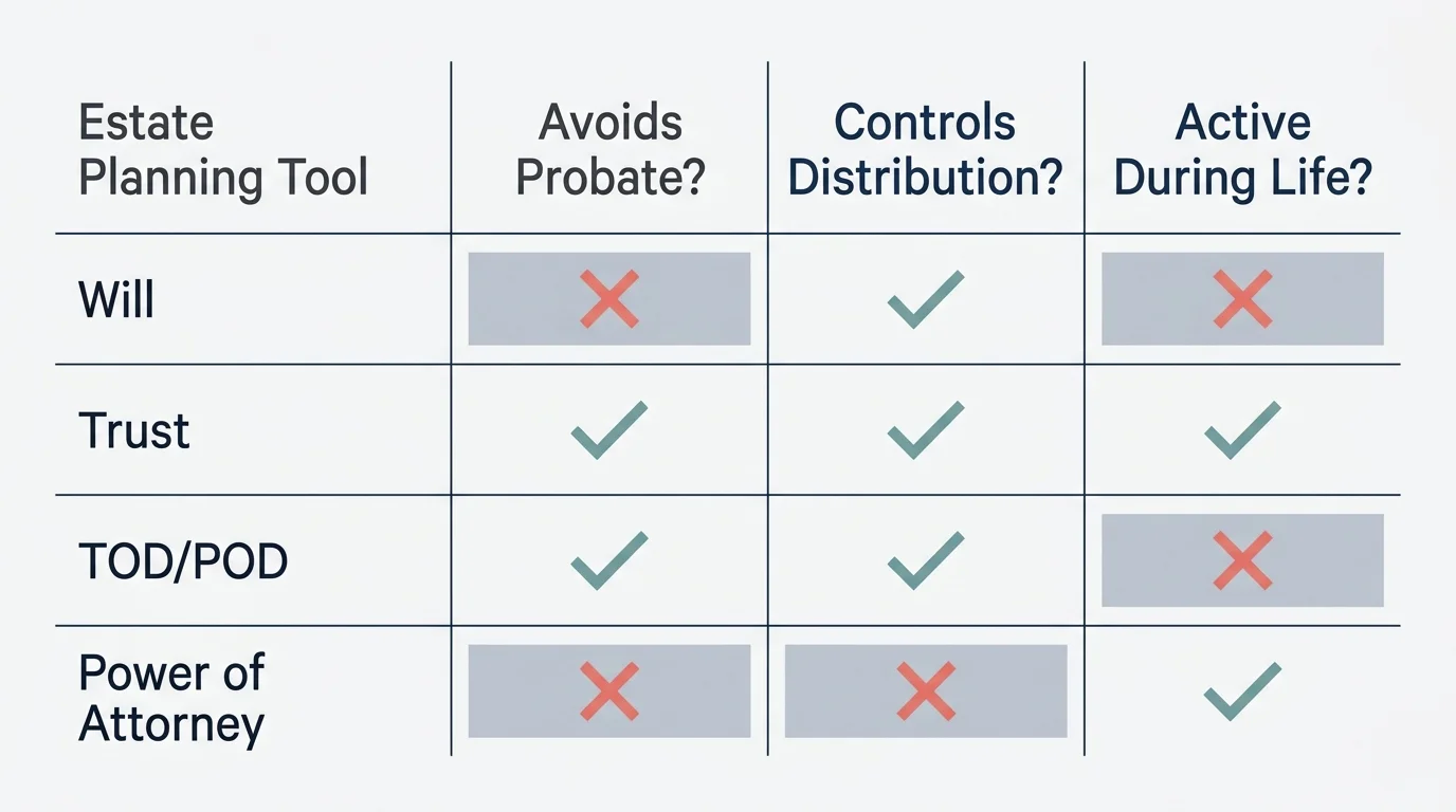 Horizontal matrix comparing Will, Trust, TOD/POD, and Power of Attorney across probate avoidance, asset control, and lifetime activity.