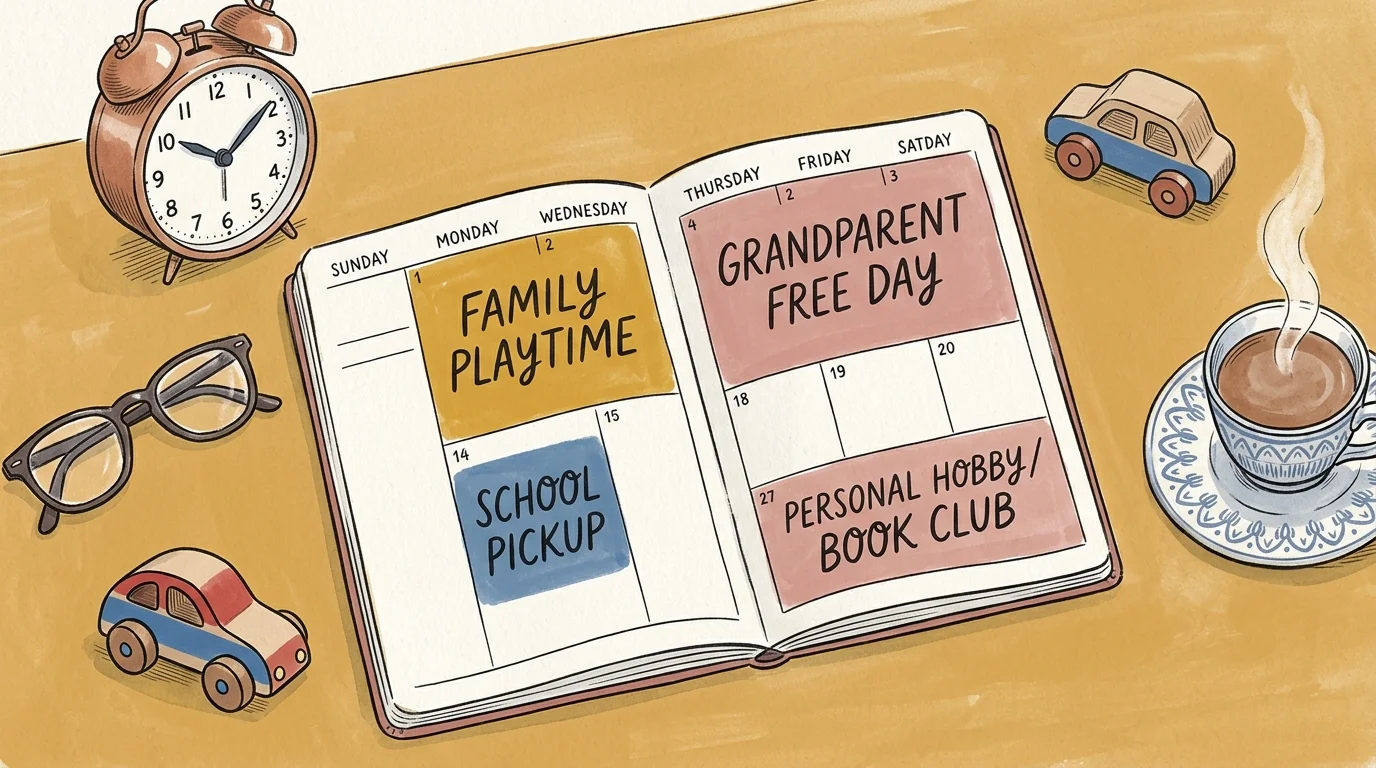 Illustrated open calendar planner surrounded by eyeglasses, toy cars, an alarm clock, and a steaming teacup on a table.