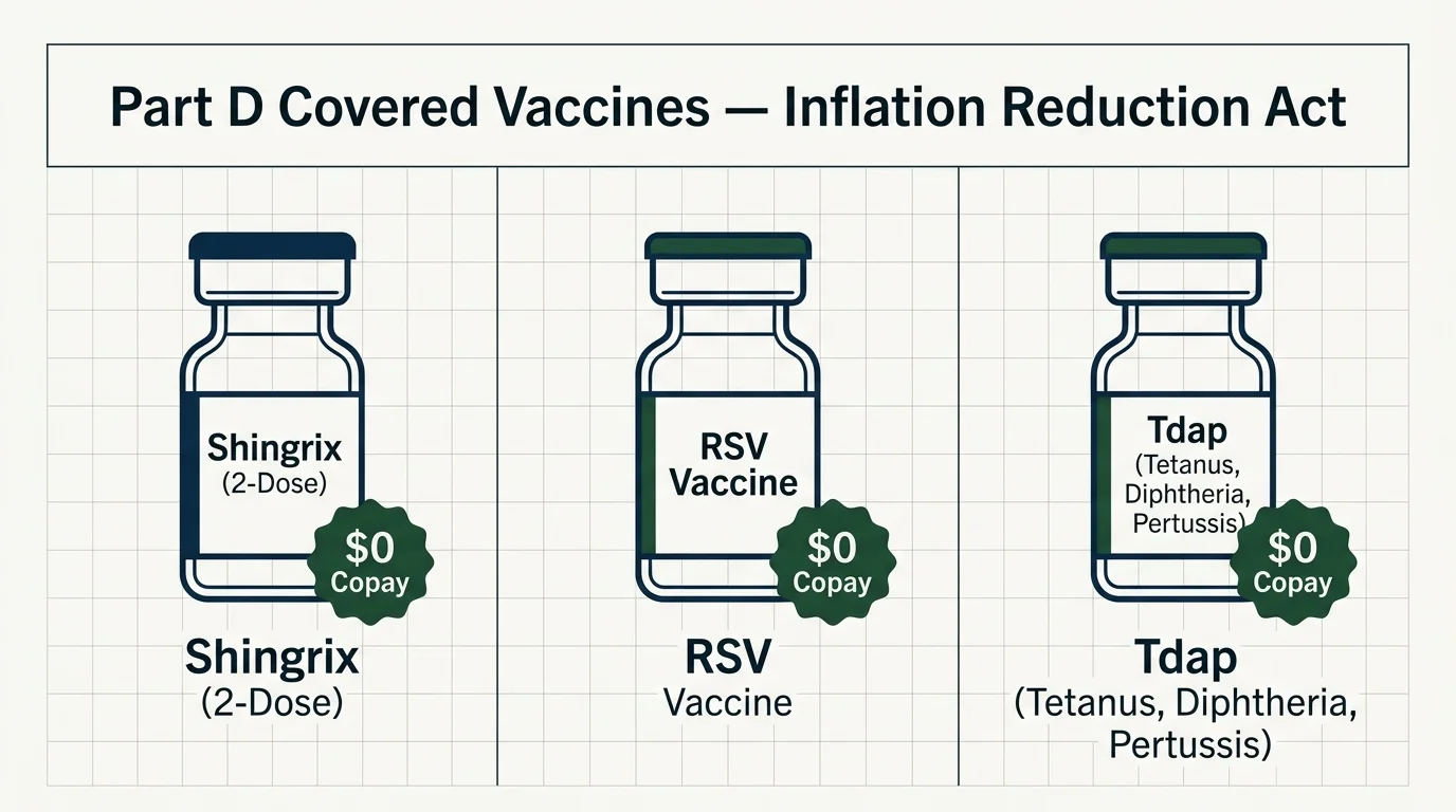 Diagram of Shingrix, RSV, and Tdap vaccine vials labeled with $0 copay badges under Part D coverage.