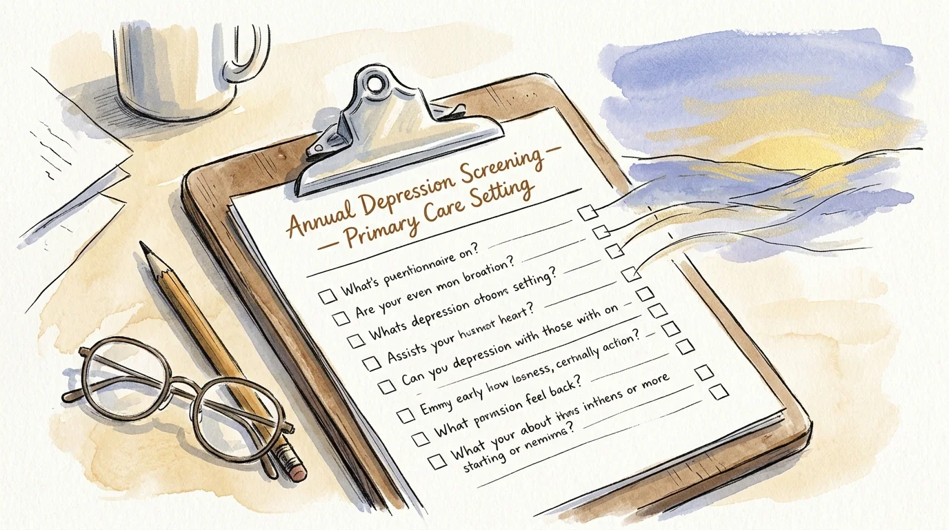 Watercolor illustration of a clipboard questionnaire titled Annual Depression Screening with eyeglasses and pencil.