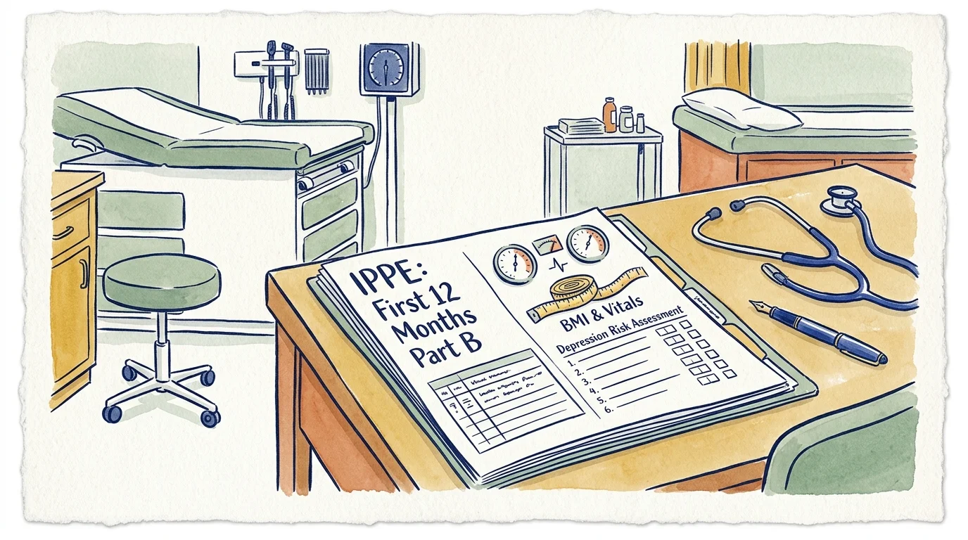 Illustration of an exam room with an IPPE medical checklist, stethoscope, and pen on a wooden desk.