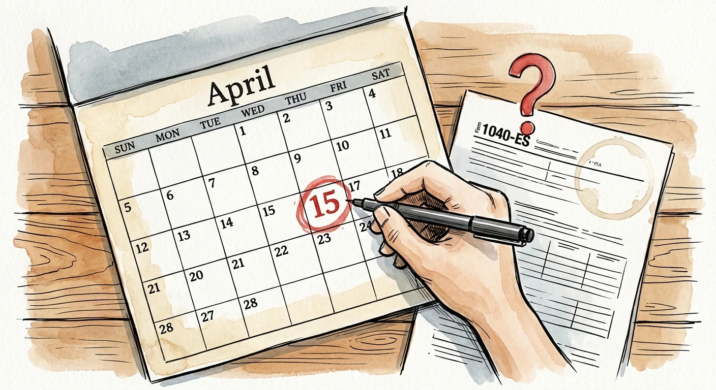 Ink and watercolor drawing of a calendar with April 15 circled, but other quarterly deadlines left blank and marked with a question mark.
