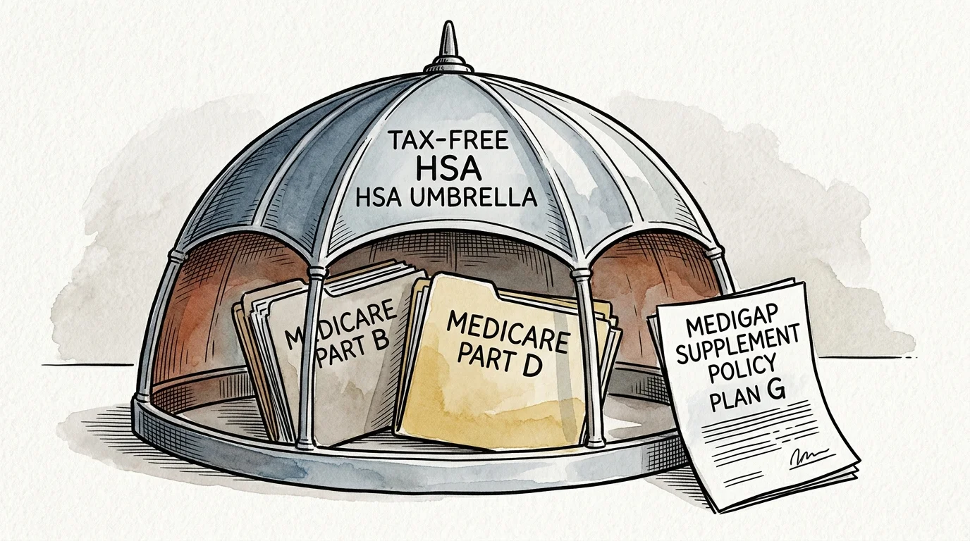 Illustration of an HSA umbrella covering Medicare Part B and D folders, leaving a Medigap policy document outside.