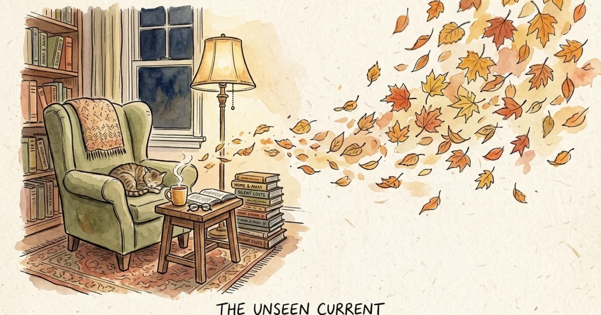Ink and watercolor editorial illustration of a cozy living room chair balanced against falling autumn leaves, representing hidden costs.