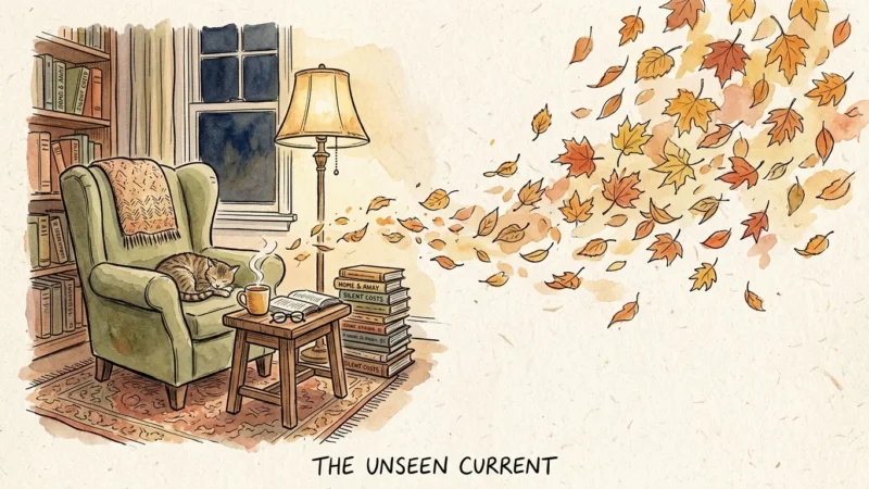 Ink and watercolor editorial illustration of a cozy living room chair balanced against falling autumn leaves, representing hidden costs.