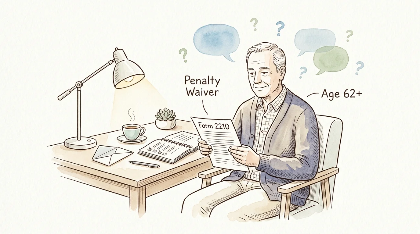 Watercolor sketch of an older man sitting at a desk, reviewing a tax document labeled Form 2210 and Penalty Waiver.