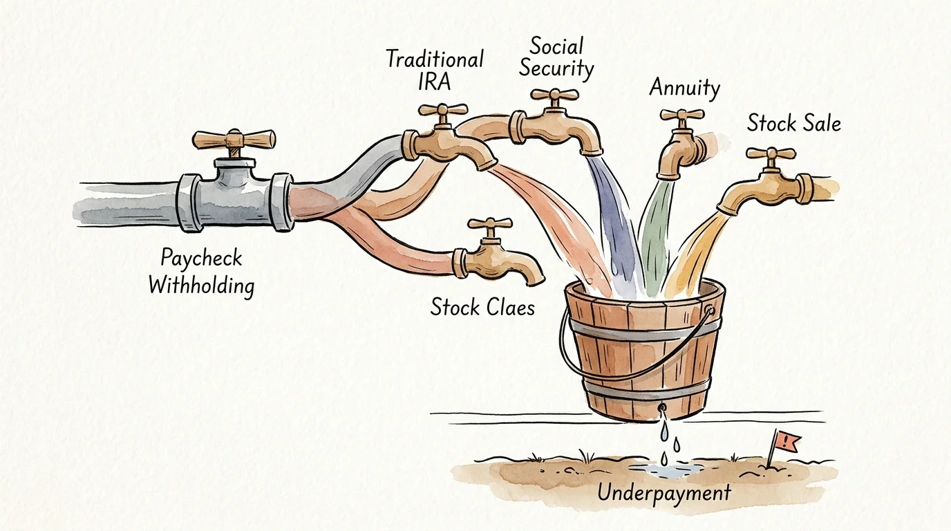 Ink and watercolor editorial illustration of different retirement income streams flowing from spigots into a bucket with a small leak.