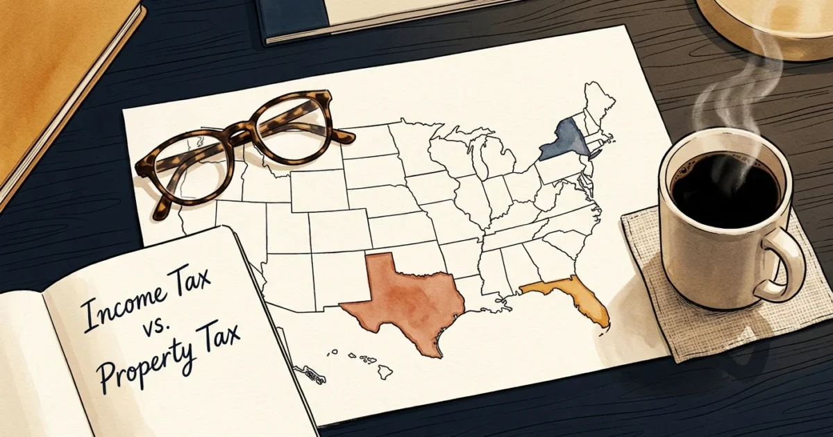 Ink and watercolor illustration of a desk with a US map, reading glasses, and a notebook discussing retirement taxes.