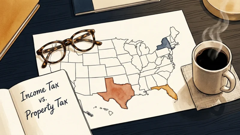 Ink and watercolor illustration of a desk with a US map, reading glasses, and a notebook discussing retirement taxes.