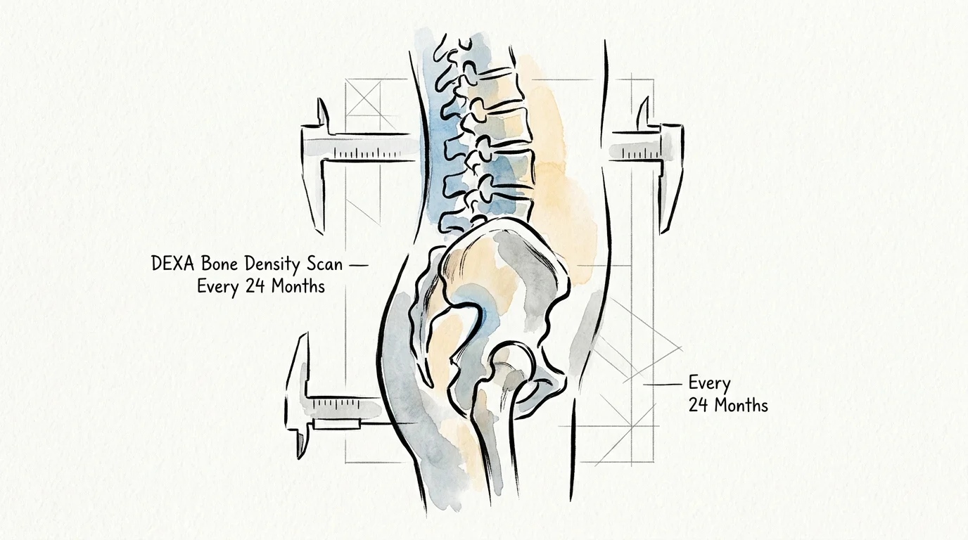 Watercolor sketch of a human spine and pelvis measured with calipers, with text reading DEXA Bone Density Scan.