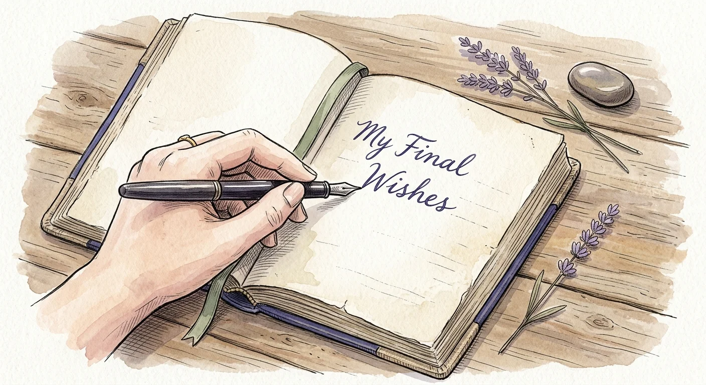 Ink and watercolor illustration of a hand writing in a journal labeled "My Final Wishes" next to a sprig of lavender.