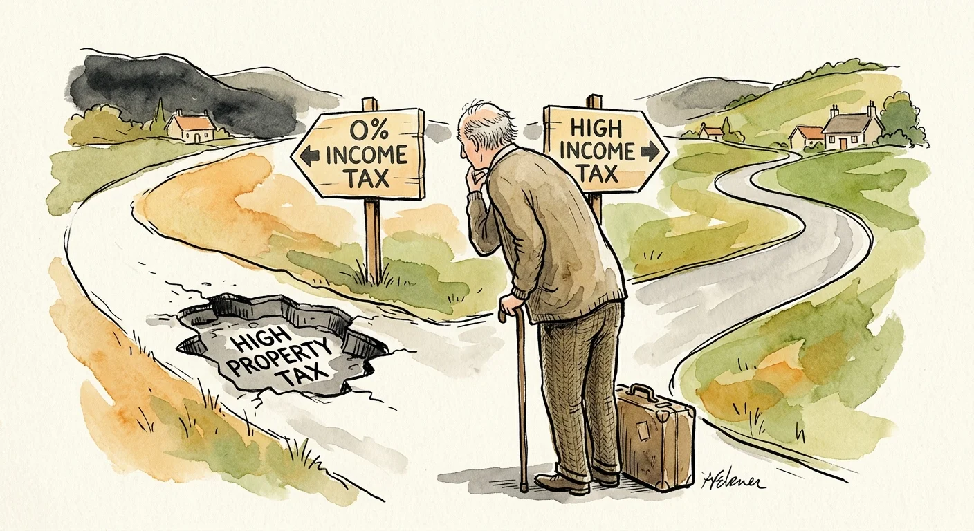 Ink and watercolor illustration of a retiree at a crossroads, warning of a hidden property tax pothole on the zero-tax path.