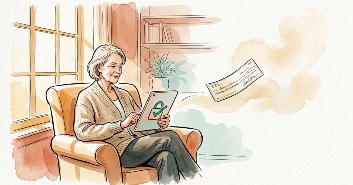 Ink and watercolor illustration of a senior woman holding a tablet with a secure bank icon as a paper check drifts away.