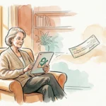 Ink and watercolor illustration of a senior woman holding a tablet with a secure bank icon as a paper check drifts away.