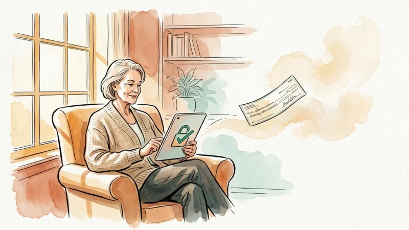 Ink and watercolor illustration of a senior woman holding a tablet with a secure bank icon as a paper check drifts away.