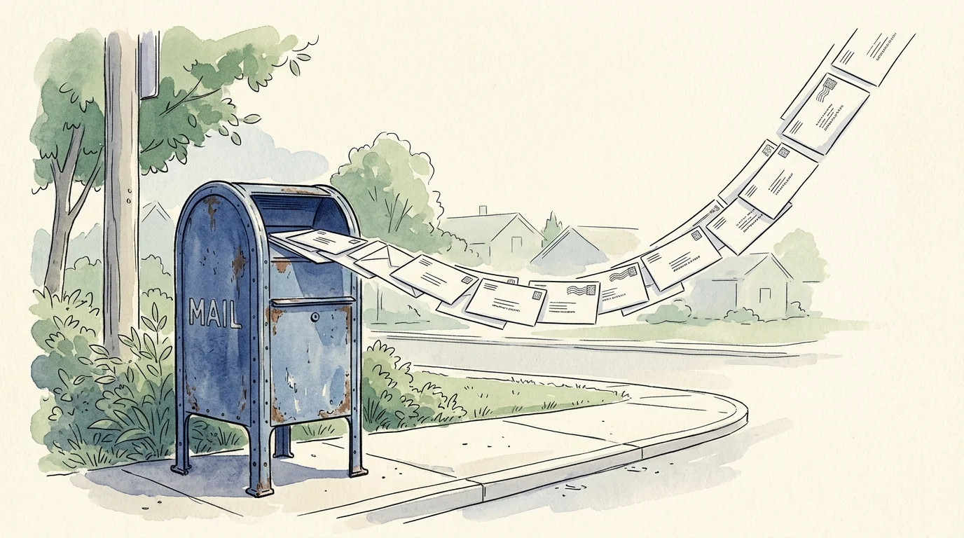 Ink and watercolor illustration of a vintage mailbox with a steady stream of envelopes floating out of it.