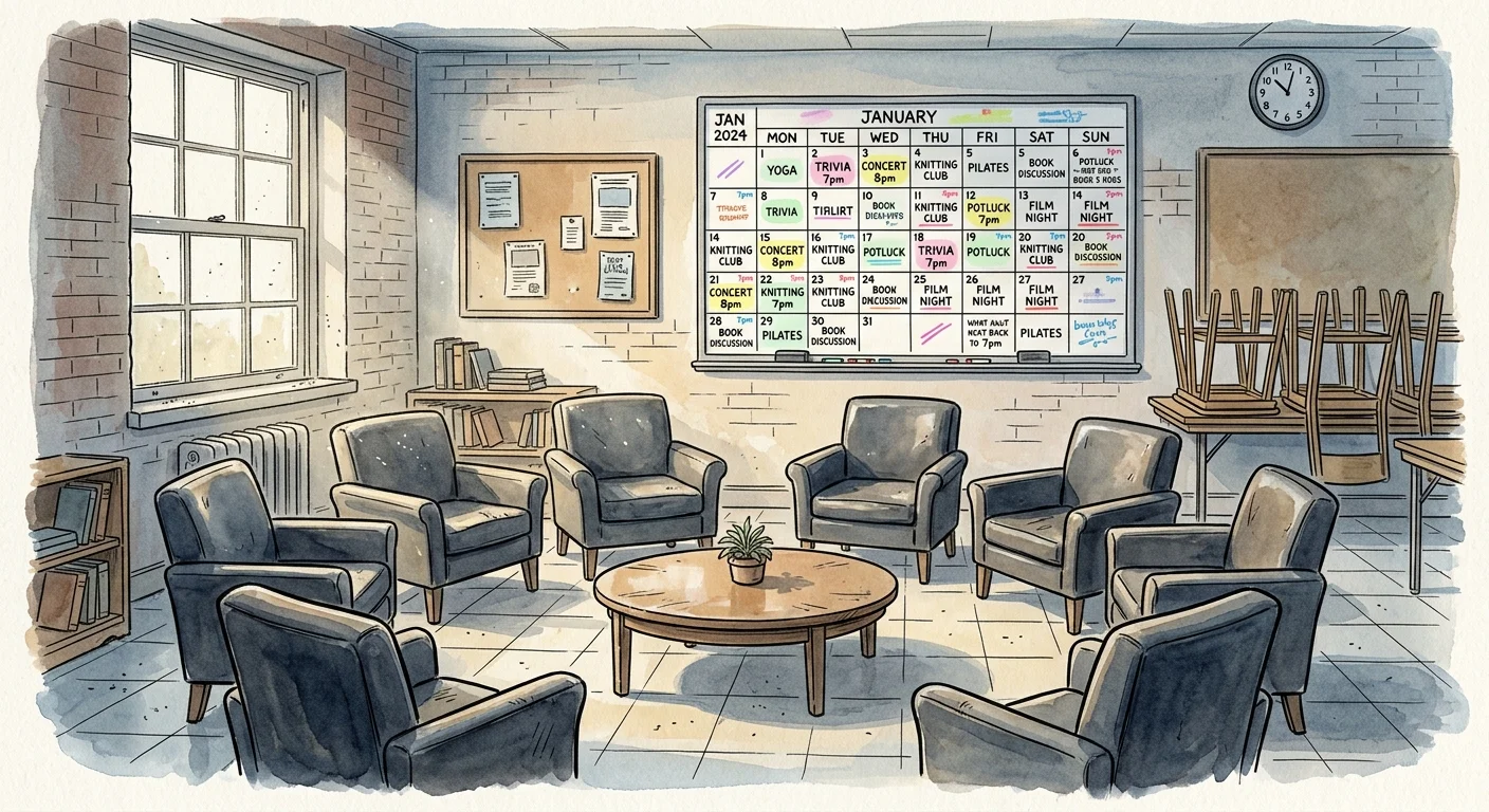 Ink and watercolor illustration of an empty community room with stacked chairs next to a highly active, colorful events whiteboard.