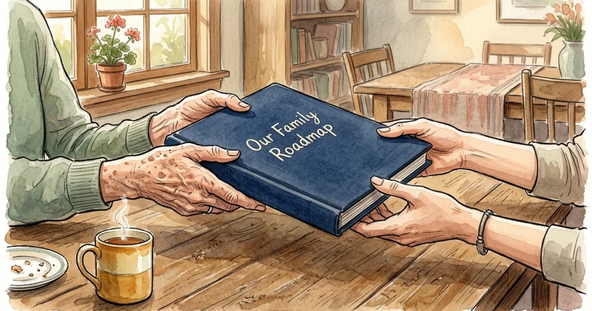 Ink and watercolor illustration of an older parent handing a binder labeled "Our Family Roadmap" to their adult child.