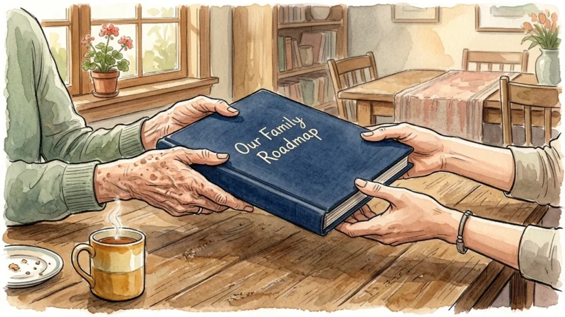 Ink and watercolor illustration of an older parent handing a binder labeled "Our Family Roadmap" to their adult child.