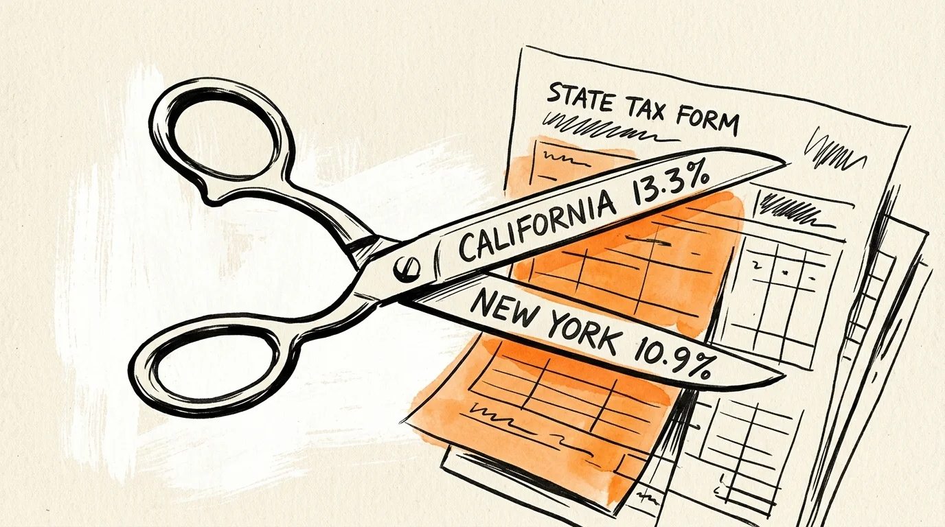 Ink and watercolor illustration of scissors labeled with California and New York tax rates cutting a tax form.