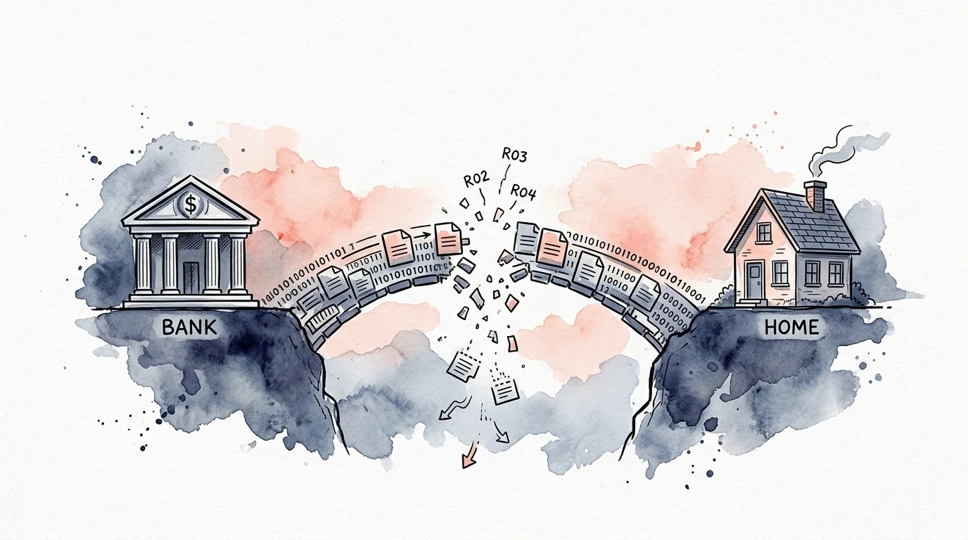 Ink and watercolor illustration showing a fractured digital bridge labeled with bank return codes R02, R03, and R04.