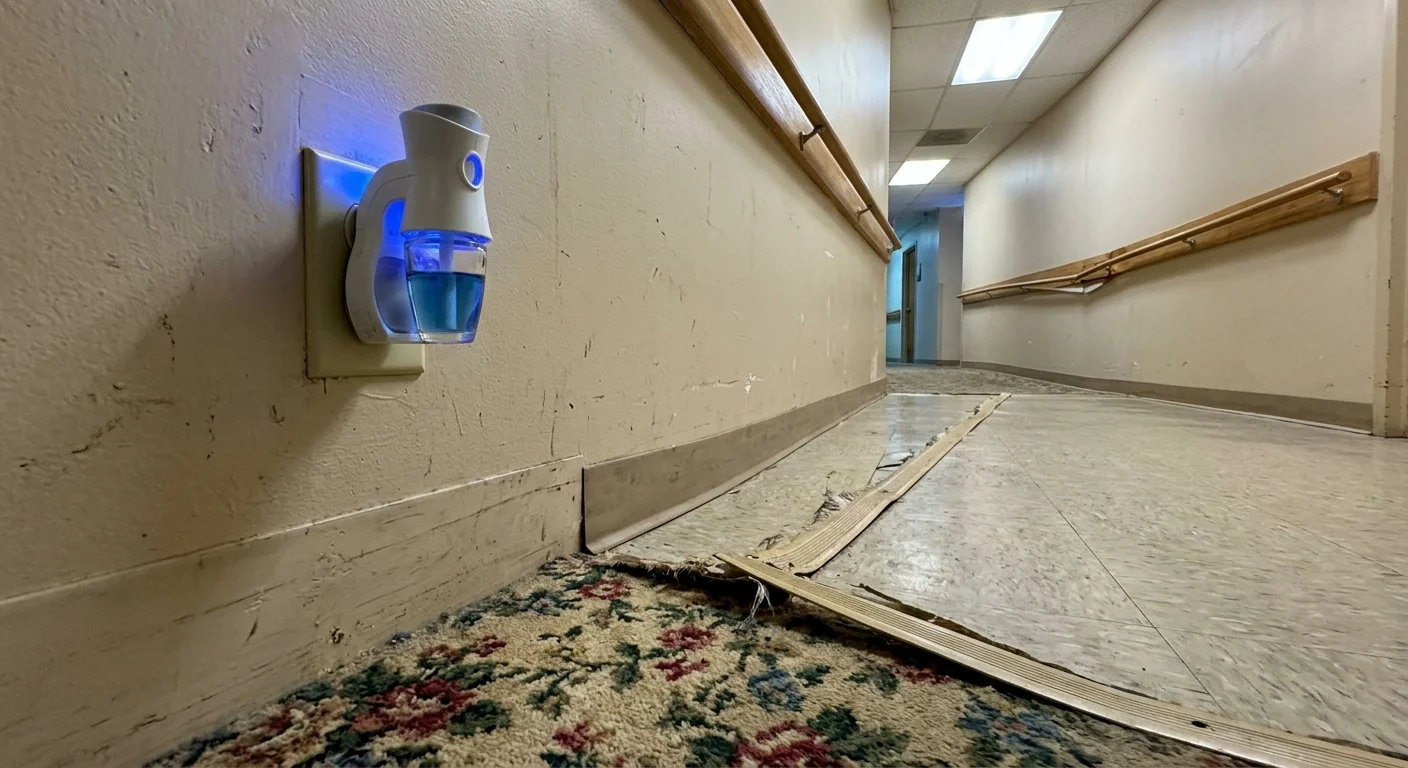 Low-angle close-up of a wall-plug air freshener on a scuffed wall next to a frayed, peeling transition strip on the carpet.