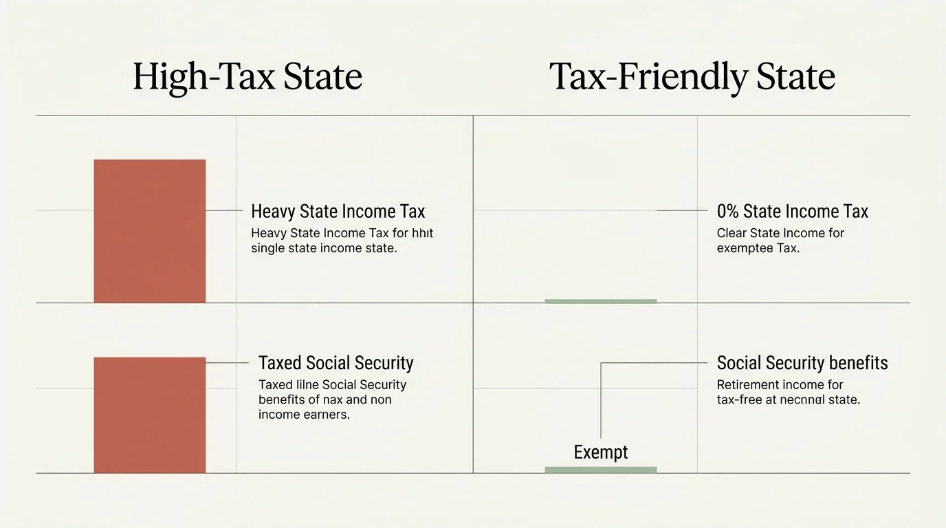 Minimalist comparison chart contrasting high-tax and tax-friendly state profiles for retirement income.