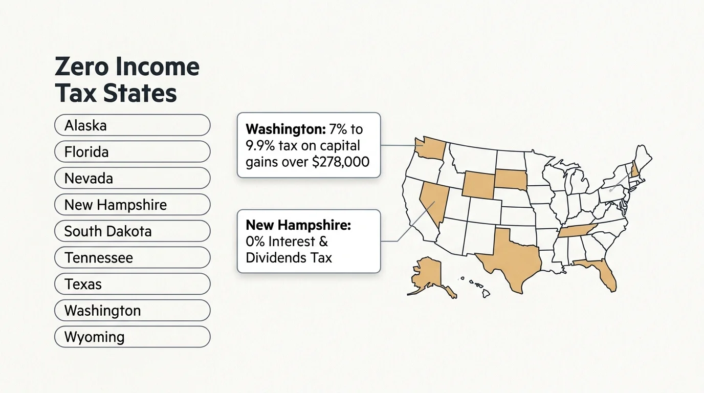 Minimalist editorial diagram showing the nine states with zero income tax and key exceptions like Washington's capital gains tax.