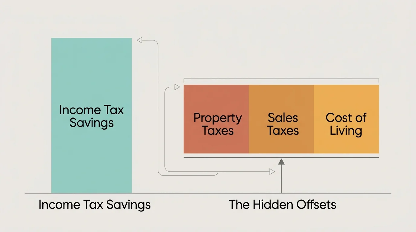 Minimalist infographic comparing visible income tax savings with hidden offsets like property and sales taxes.