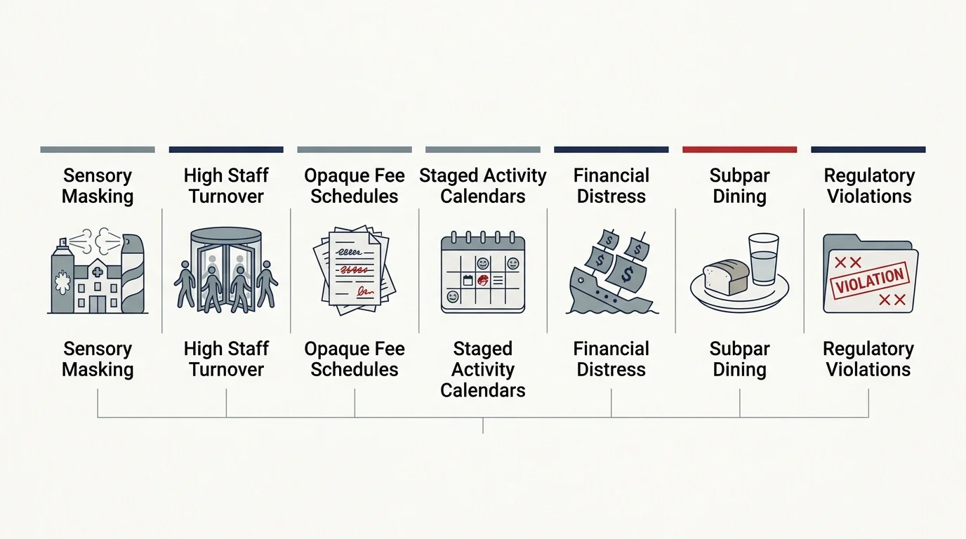 Minimalist infographic displaying the seven critical red flags to look for when touring a senior living facility.
