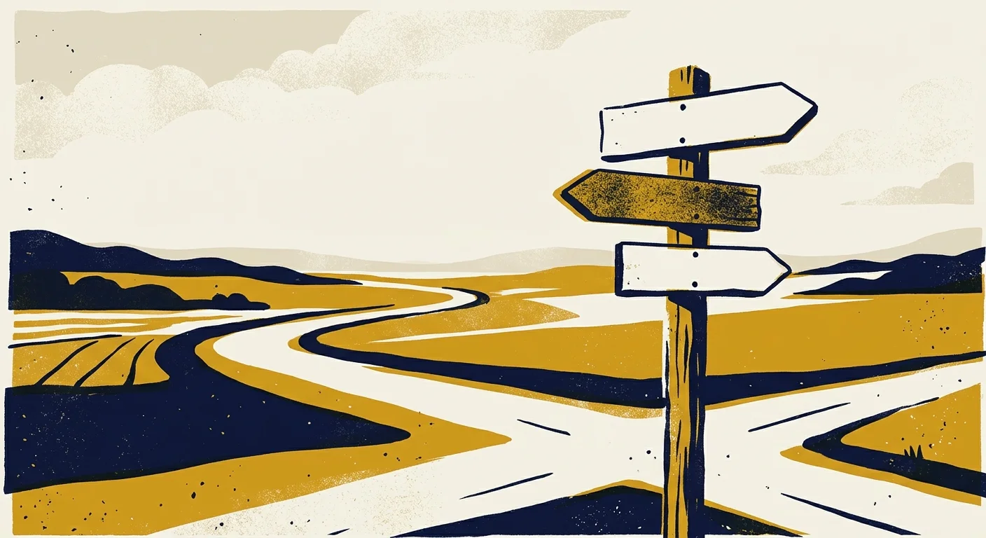Minimalist screenprint of a winding country road and a four-way signpost under a vast sky.