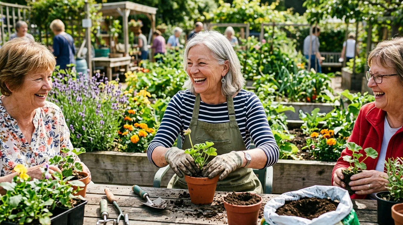 Three smiling senior women pot plants together at a wooden table in a sunny community garden.