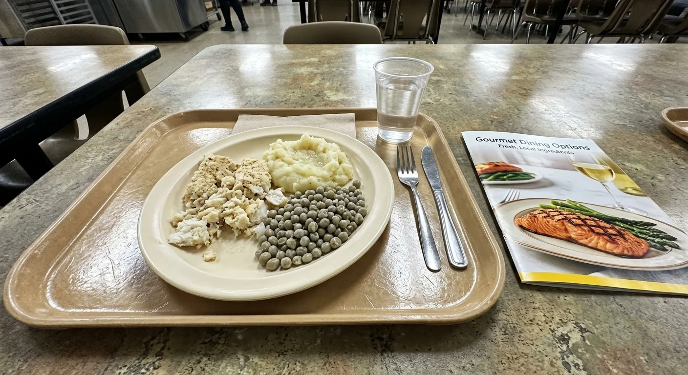 Overhead photo comparing a bland, institutional meal of dry fish and peas with a glossy brochure showing a gourmet salmon dish.