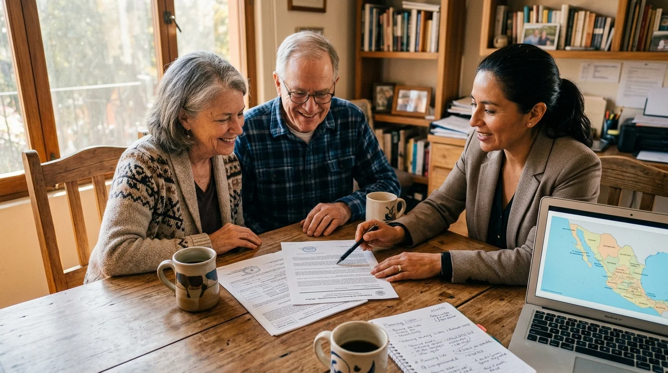 Photo of an older couple collaborating with a local consultant at a table covered in paperwork and maps.