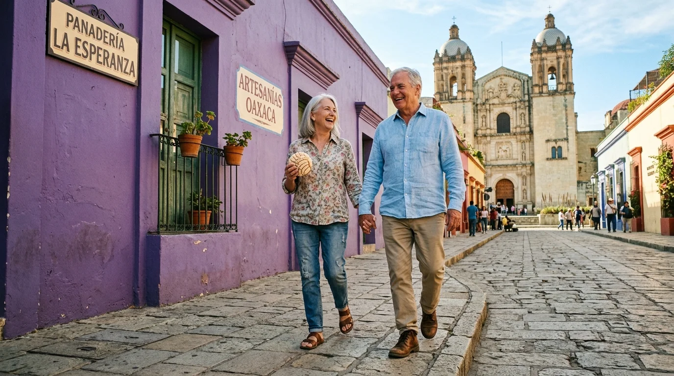 Photo of an older couple walking hand-in-hand down a colorful, historic cobblestone street in Oaxaca City.