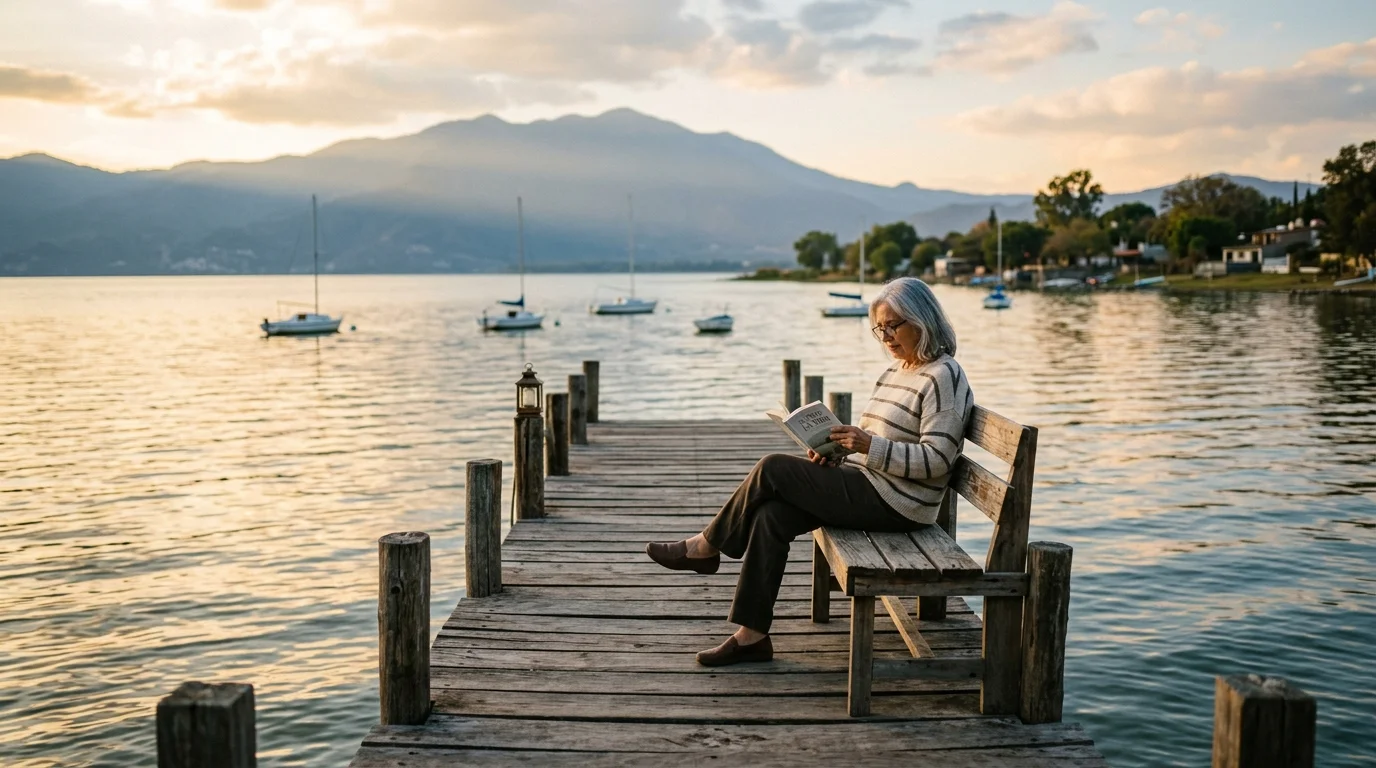Photo of an older woman reading on a wooden pier overlooking a calm Lake Chapala surrounded by mountains at golden hour.