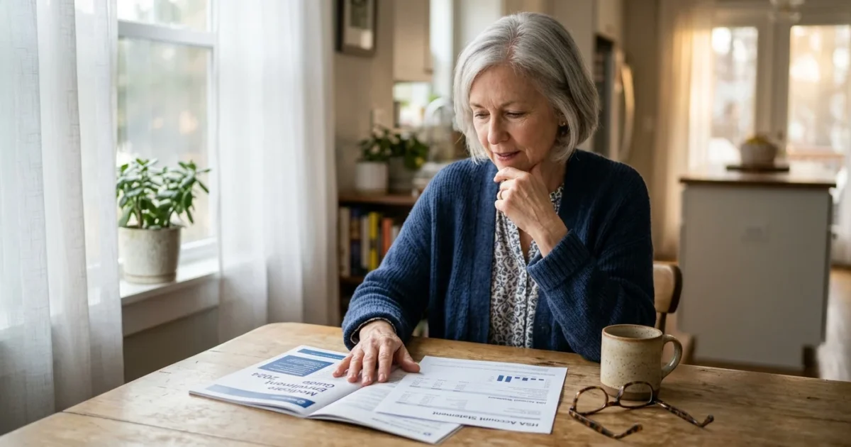 A senior woman sits at a wooden table reviewing a Medicare enrollment guide and an HSA account statement.