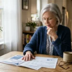 A senior woman sits at a wooden table reviewing a Medicare enrollment guide and an HSA account statement.