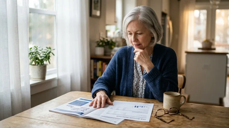 A senior woman sits at a wooden table reviewing a Medicare enrollment guide and an HSA account statement.